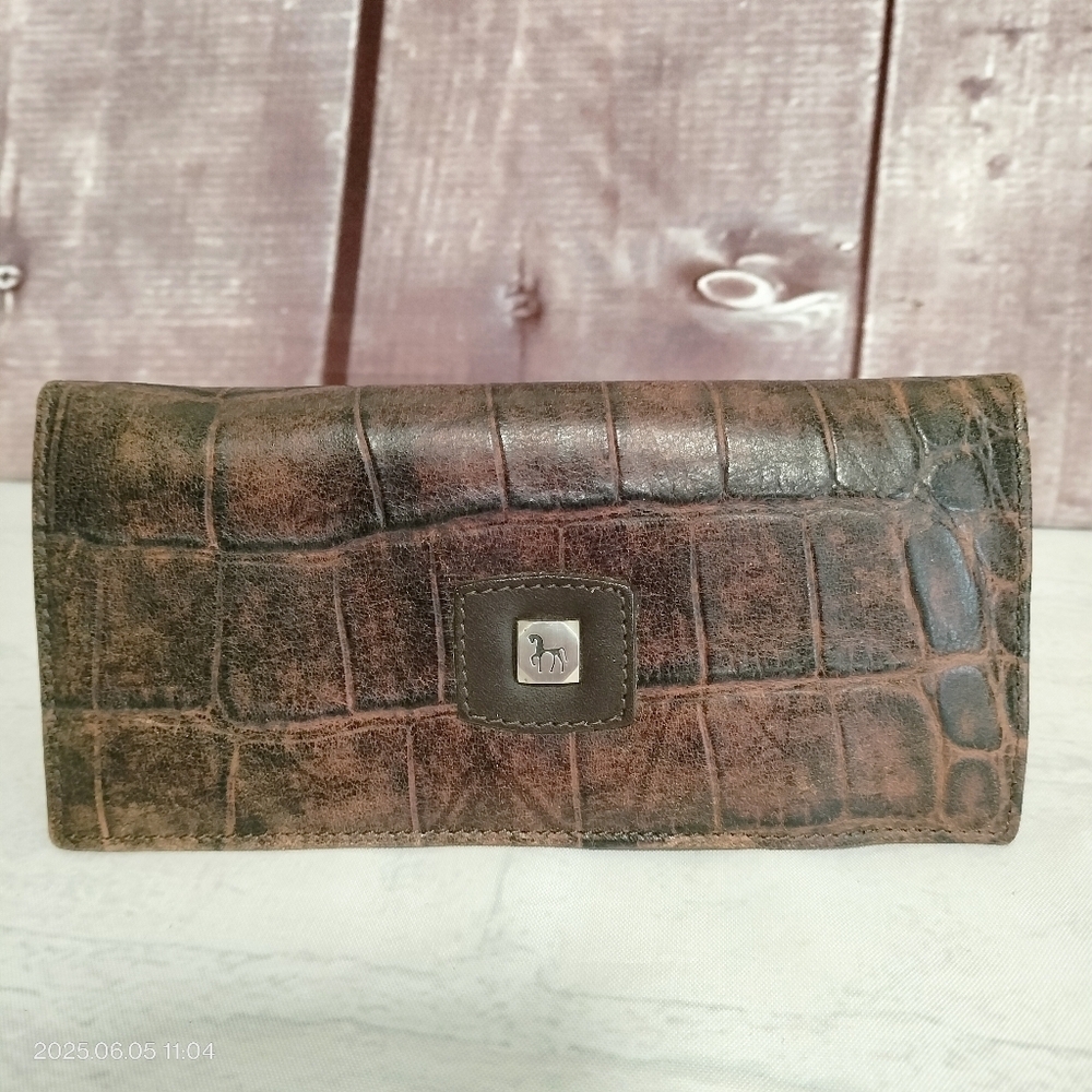 Petusco Leather Bifold Wallet Brown Animal Crocodile Pattern Zipper Snap Closure